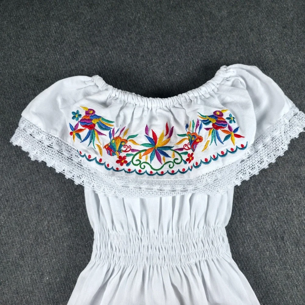 Mexican Peasant Dress Kids Size 6 White Floral Bird Embroidered Boho